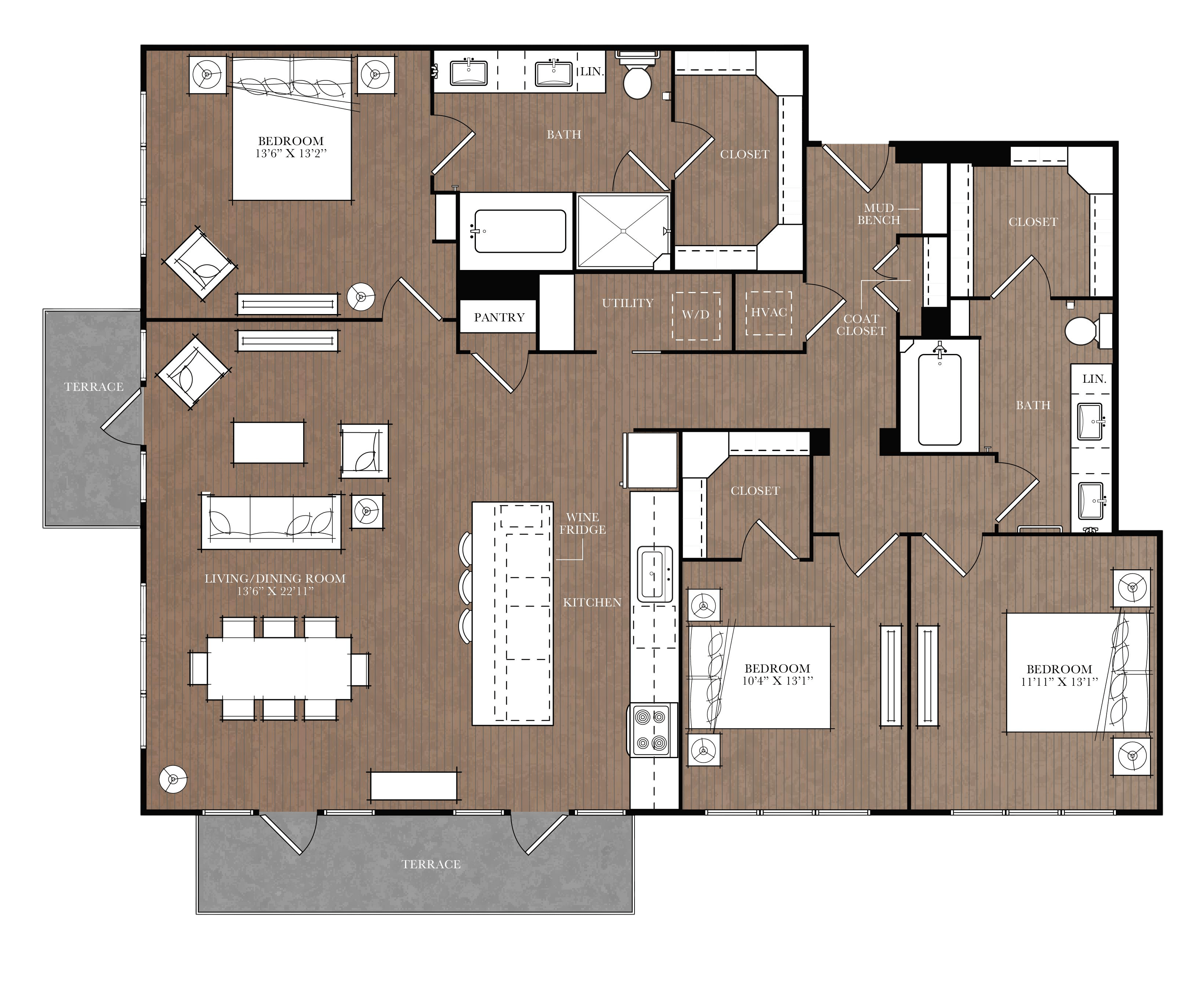 Floor plan for 3 beds, 2 baths, 1633 sqft